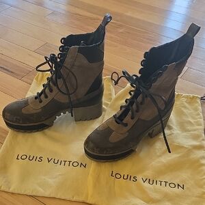 Louis Vuitton Olive Brown Suede Lace-Up Combat Boots